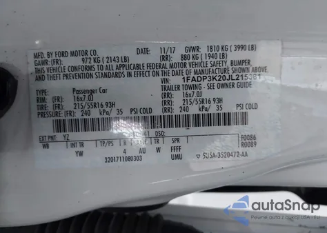 2018 Ford Focus Se z USA, uszkodzony, nr VIN 1FADP3K20JL215381